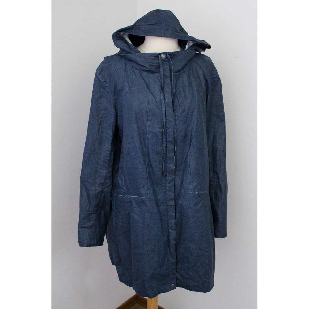 Peruvian Connection Hooded Utility Jacket XL Blue Linen Blend Full Zip Pockets
